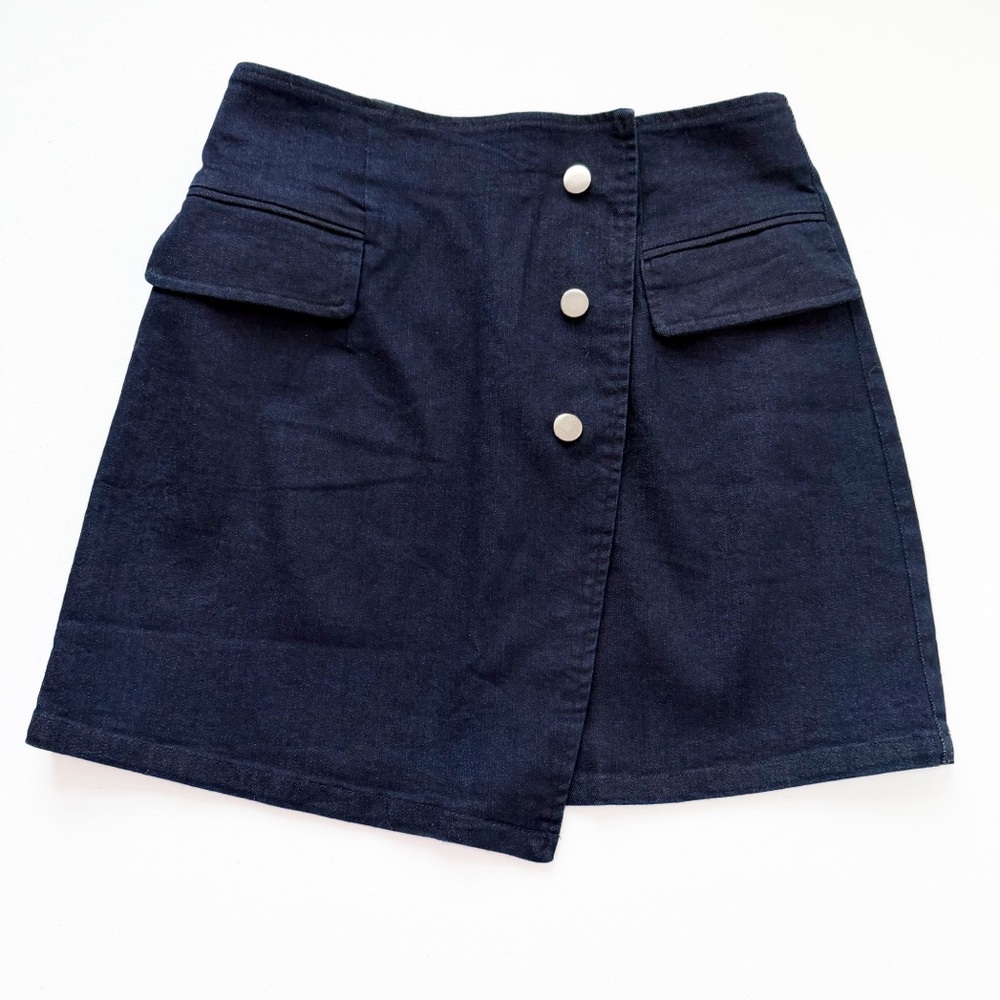 VICI Dark Blue Denim Asymmetrical Faux Wrap Mini Skirt Size S